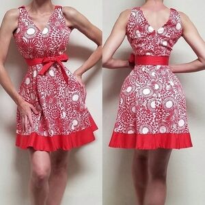 Retro Y2K Jones Wear Sample Red White Floral Print Tie-Waist Fit & Flare Dress 8